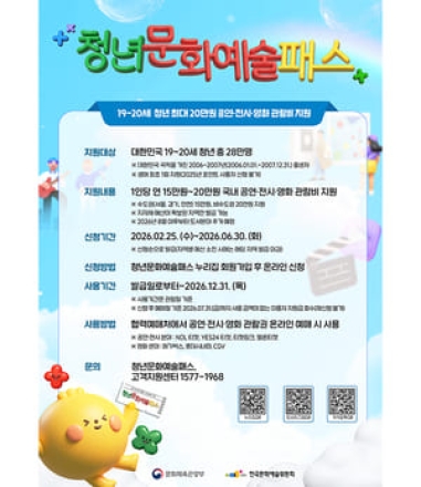 19·20세 청년에 '문화예술패스' 발급…최대 20만 원까지